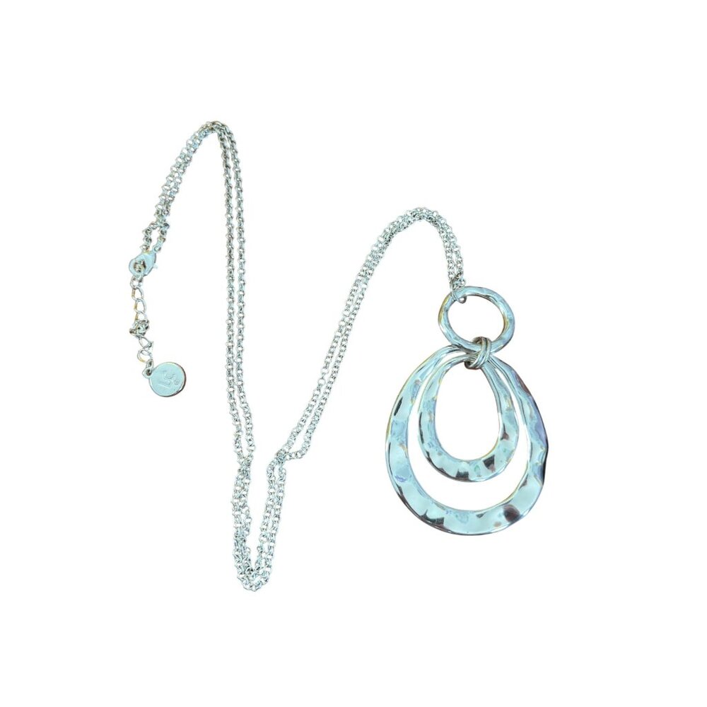 Liz Claiborne Silver Tone Necklace Hammered Pendant Adjustable 32"